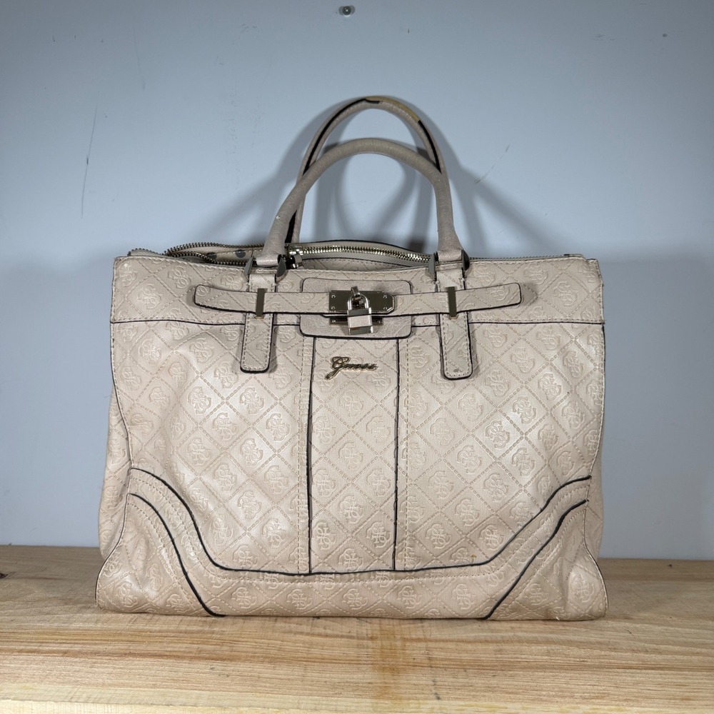 Guess Satchel Handbag Womens Large Cream Embossed Logo Lock Detail Tote Bag
